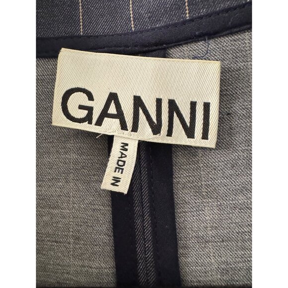 Ganni Navy Pinstripe Midi Dress With Ruched Waist & Puff Sleeves - Picture 5 of 10